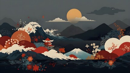 a contemporary template with abstract backdrop and Japanese motifs and iconography.