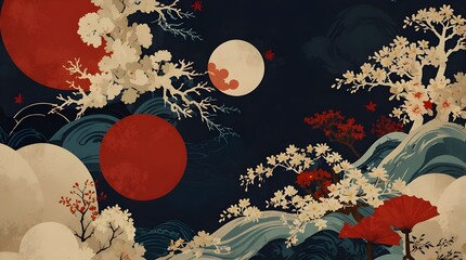 a contemporary template with abstract backdrop and Japanese motifs and iconography.