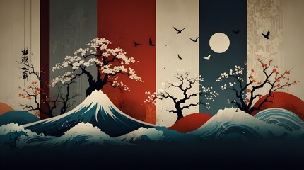 a contemporary template with abstract backdrop and Japanese motifs and iconography.