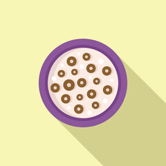 Fototapeta premium Vector illustration of a bowl of cereal with chocolate loops and milk, top view on a yellow backdrop