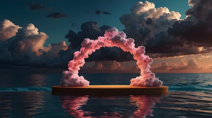 a lovely podium backdrop featuring neon lights and a gorgeous cloud. A lovely scene of a seashore in 3D.