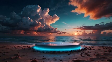 a lovely podium backdrop featuring neon lights and a gorgeous cloud. A lovely scene of a seashore in 3D.