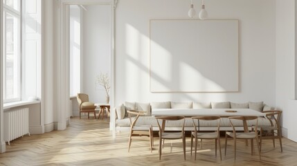 Mockup canvas frame in white kitchen room with beige sofa, table and chairs, side view. Furniture in kitchen room with parquet floor and window