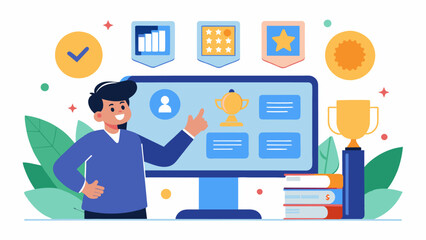Interactive elements such as a touchscreen where visitors can read about individual student achievements add a modern touch to the traditional display.. Vector illustration