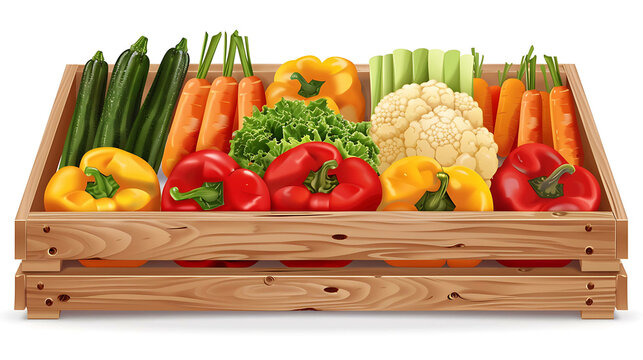 Fresh vegetables in a wooden crate. The crate is filled with colorful bell peppers, carrots, cauliflower, celery, and zucchini.