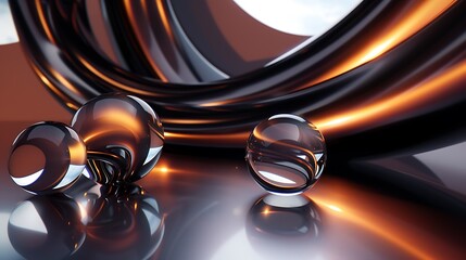 3D rendering of a group of glass spheres on a reflective surface. The spheres are lit by a warm light, which creates a sense of depth and mystery.