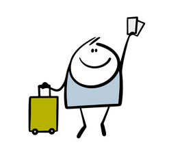 Satisfied traveler bought tickets, stands with a suitcase at the train station waiting for the train. Vector illustration of a passenger going on vacation. Isolated character on white background.