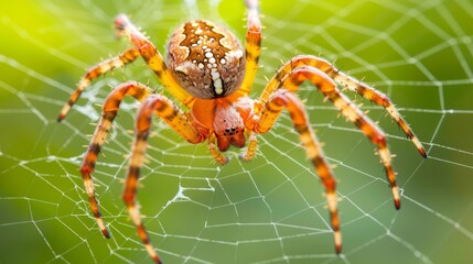  A tight shot of a spider on its web, centered, with a hazy backdrop of grass and leaves
