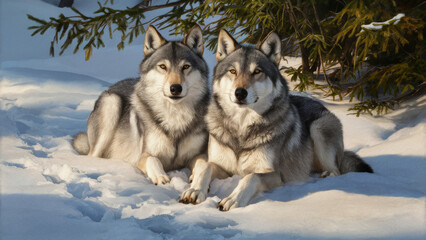 A pair of wolves with muscular bodies and playful behavior. A serene snowy landscape and untouched snow decorated with their paw prints.