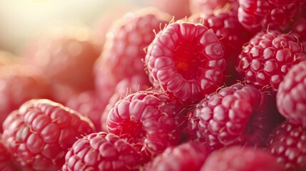  A collection of raspberries atop a mound of their kind against a hazy, brilliant backdrop