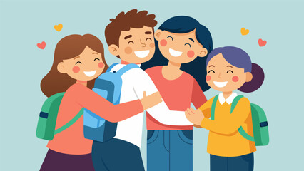 Fototapeta premium Parents and their children end their morning routine practice with a group hug and reminder to have a great day at school.. Vector illustration