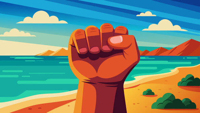 raised fist silhouetted against a scenic beach backdrop with palm trees and a calm ocean. powerful symbol of solidarity. concept -resistance, social justice, protests, civil rights movements