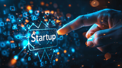 A hand gestures to initiate a startup process with digital effects