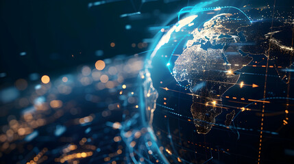 Digital world globe centered on Middle East, concept of global network and connectivity on Earth,...