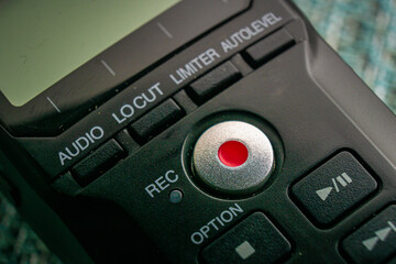 Close Up of a Record button on an audio recorder content creation, recording studio