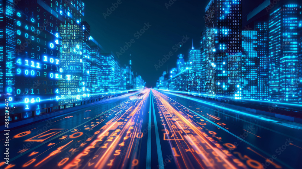 Aufkleber Modern digital metropolis intertwined with vibrant city skyline and binary data streams