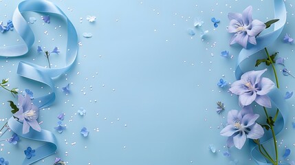 Blue flowers and ribbon with small petals on a blue background. Flat lay composition with copy space. Springtime and Easter celebration. Design for greeting card, invitation, poster, banner