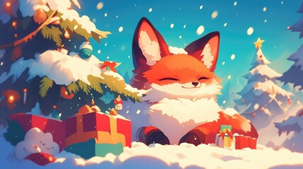 Illustration of a festive fox icon for Christmas in 2d format