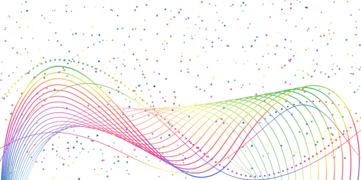 Abstract rainbow-colored wave lines and dots on a white background. This minimalist and vibrant design is perfect for presentations, web design, and creative projects