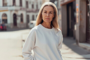 Fototapeta premium Middle aged woman wearing white blank sweatshirt mockup. Mature woman with active lifestyle clothing posing in urban street background in sunny day
