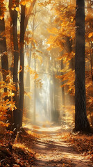 Serene Autumn Forest Pathway with Sunlight Filtering Through Vibrant Trees