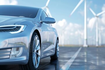 Obraz premium Electric car with wind turbines and blue sky with clouds in background.
