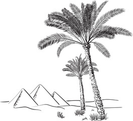 Egypt pyramids and palm trees in the desert. Hand drawn vector illustration