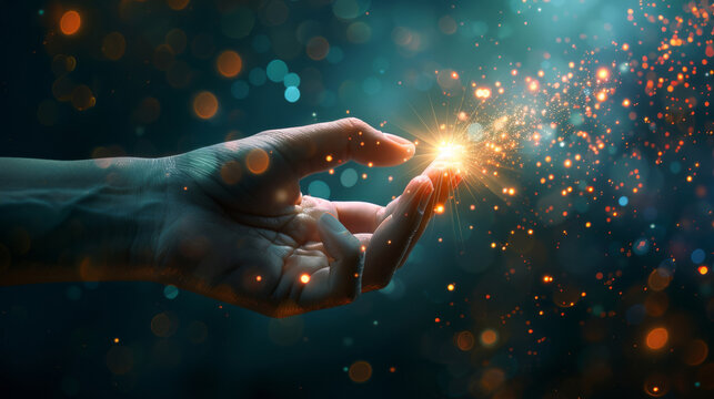 Person's hand with glowing sparkles and bokeh lights in a creative concept