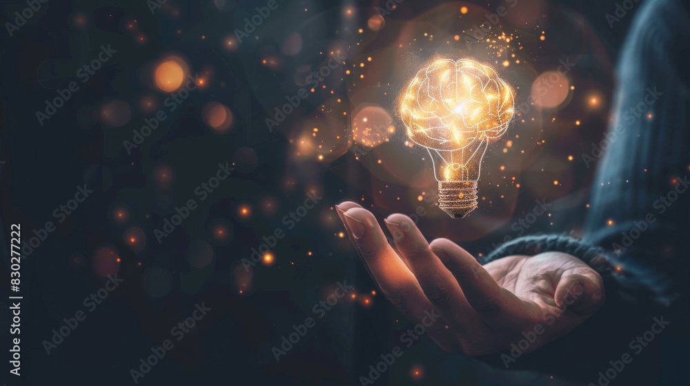 Poster glowing light bulb hovering over an open hand against a dark background with twinkling lights