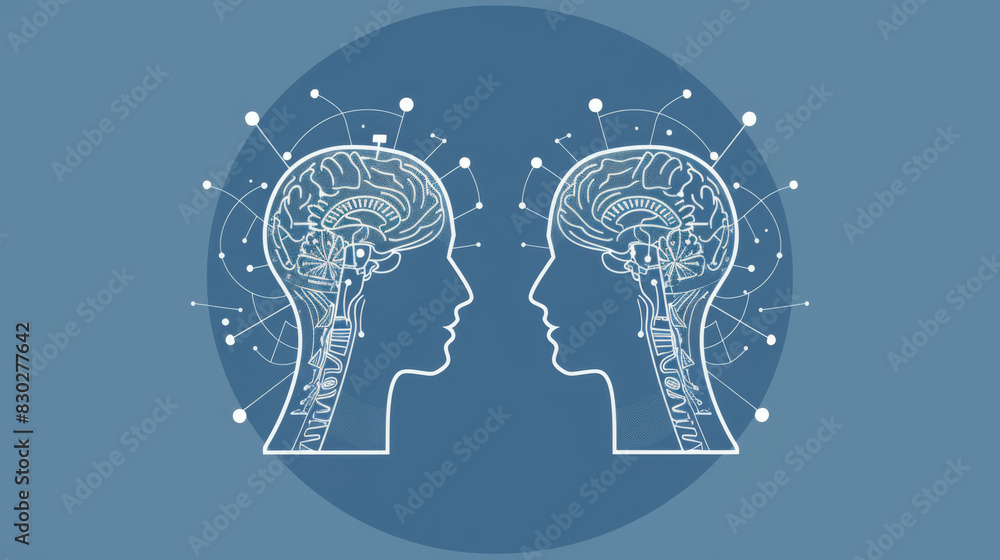 Aufkleber conceptual graphic of two profiles interconnected by digital lines and dots representing brainstormi