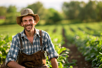 Smiling farmer in a sunlit field