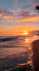 Enchanting Sunset at Tranquil Beach with Silhouetted Palm Trees and Couple Strolling Along Shoreline