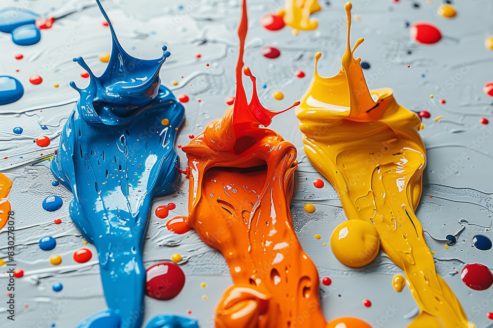 Poster a burst of colorful paint splatters on a white canvas. concept of creative expression and spontaneit