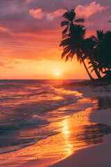 Enchanting Sunset at Tranquil Beach with Silhouetted Palm Trees and Couple Strolling Along Shoreline