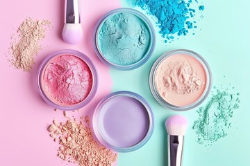Make-up beauty products at pastel background.