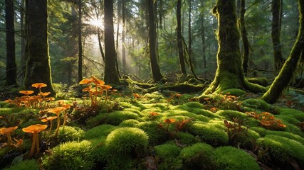 Sunlight filters through dense canopy of lush forest, casting warm glow on vibrant green moss-covered ground. Cluster of orange mushrooms catches eye, nestled amongst moss. Fallen trees.