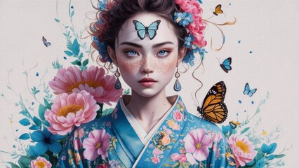 A young woman with striking facial features, freckles and blue eyes. An elegant butterfly sits on her forehead, giving her grace.