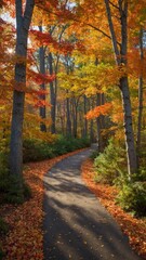 Obraz premium Path winds its way through forest, trees ablaze with colors of autumn. Vibrant palette of reds, oranges, yellows on full display. Sunlight filters through canopy, casting dappled shadows on path.