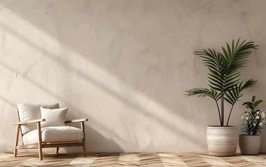 Beige wall mockup in a modern interior with an armchair and wooden parquet flooring, a minimalistic home design background, 