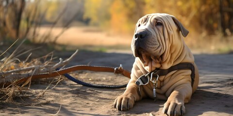 Eager Shar Pei dog waiting on leash for a walk. Concept Dog photoshoot, Pet photography, Excited...