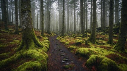 Serene forest scene unfolds, shrouded in mist. Narrow path meanders through moss-covered ground, flanked by tall, dense trees. Moss, lush, vibrant, blankets forest floor.