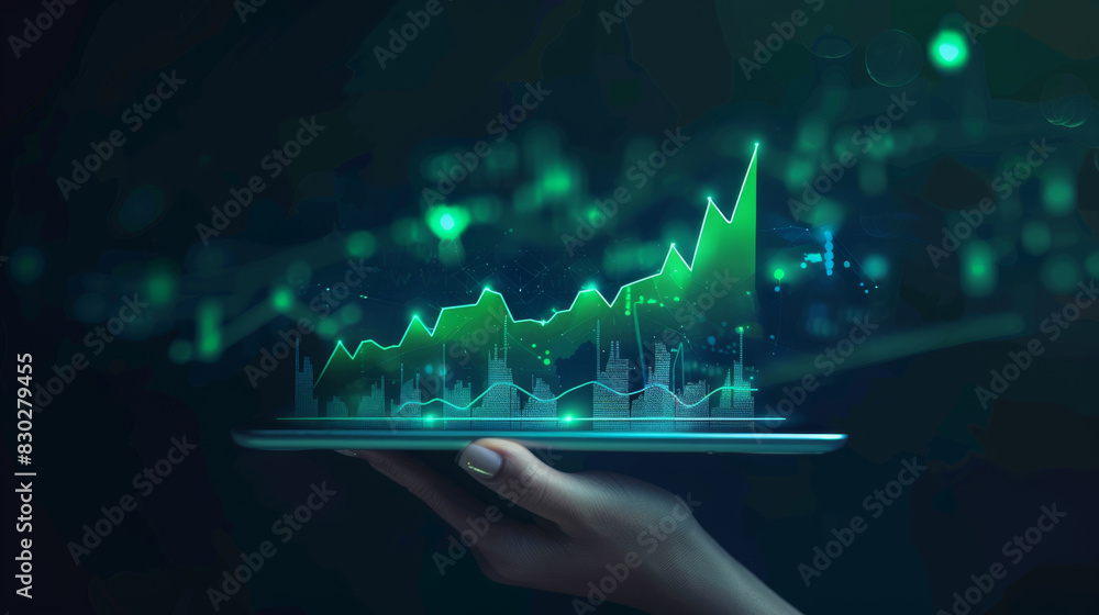 Poster Futuristic background with a hand holding a tablet showing a graph on the rise
