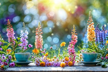 Two cups of tea standing on a rustic table in an enchanted and colourful garden, full of flowers in full bloom.