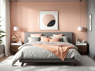 Bedroom in Pastel Tone Peach Fuzz Color Trend 2024 with Gray Wall for Art, Modern Premium Cozy Room Interior Home or Hotel Design with Apricot Crush Stylish Accents - 3D Render