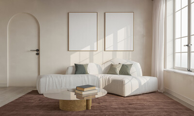 mock up poster frame in interior background, living room. 3D render, 3D illustration