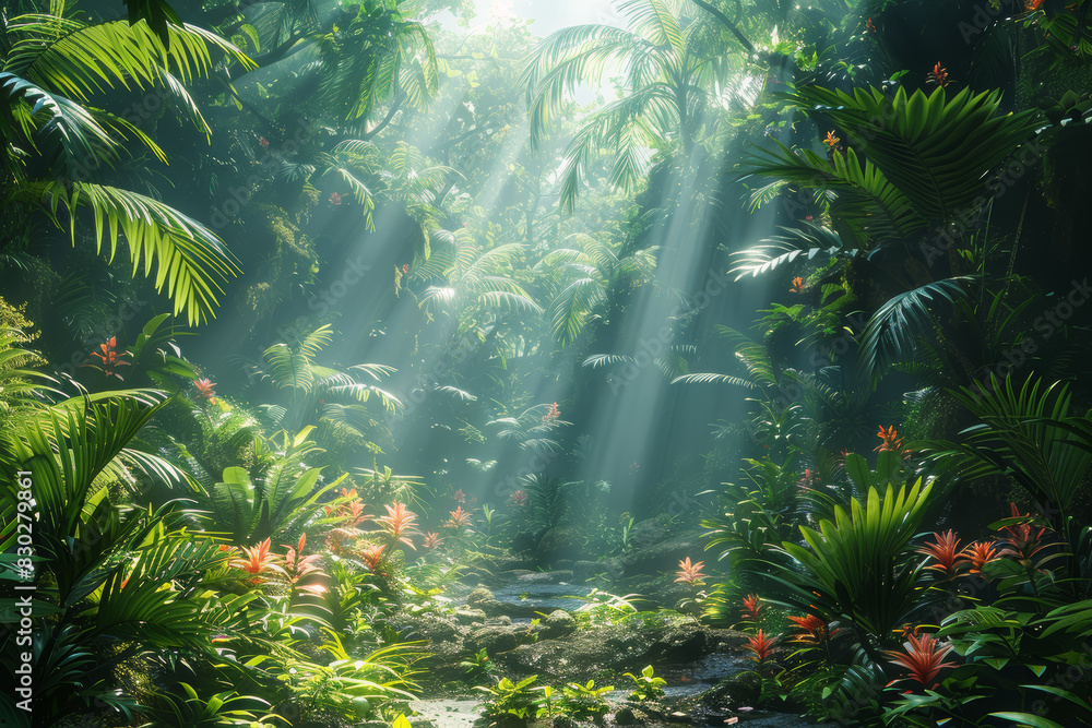 Poster A dense jungle teeming with lush vegetation. Concept of biodiversity and tropical environments. Generative Ai.