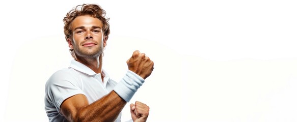 Confident tennis player celebrating victory in action pose isolated on white background with copy space