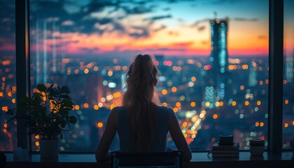 Woman in contemplation facing a dusky city