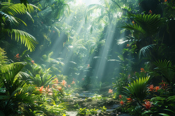 A dense jungle teeming with lush vegetation. Concept of biodiversity and tropical environments....