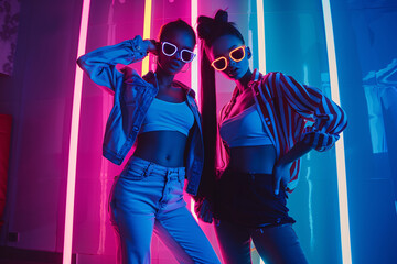 Stylish women posing in neon lights